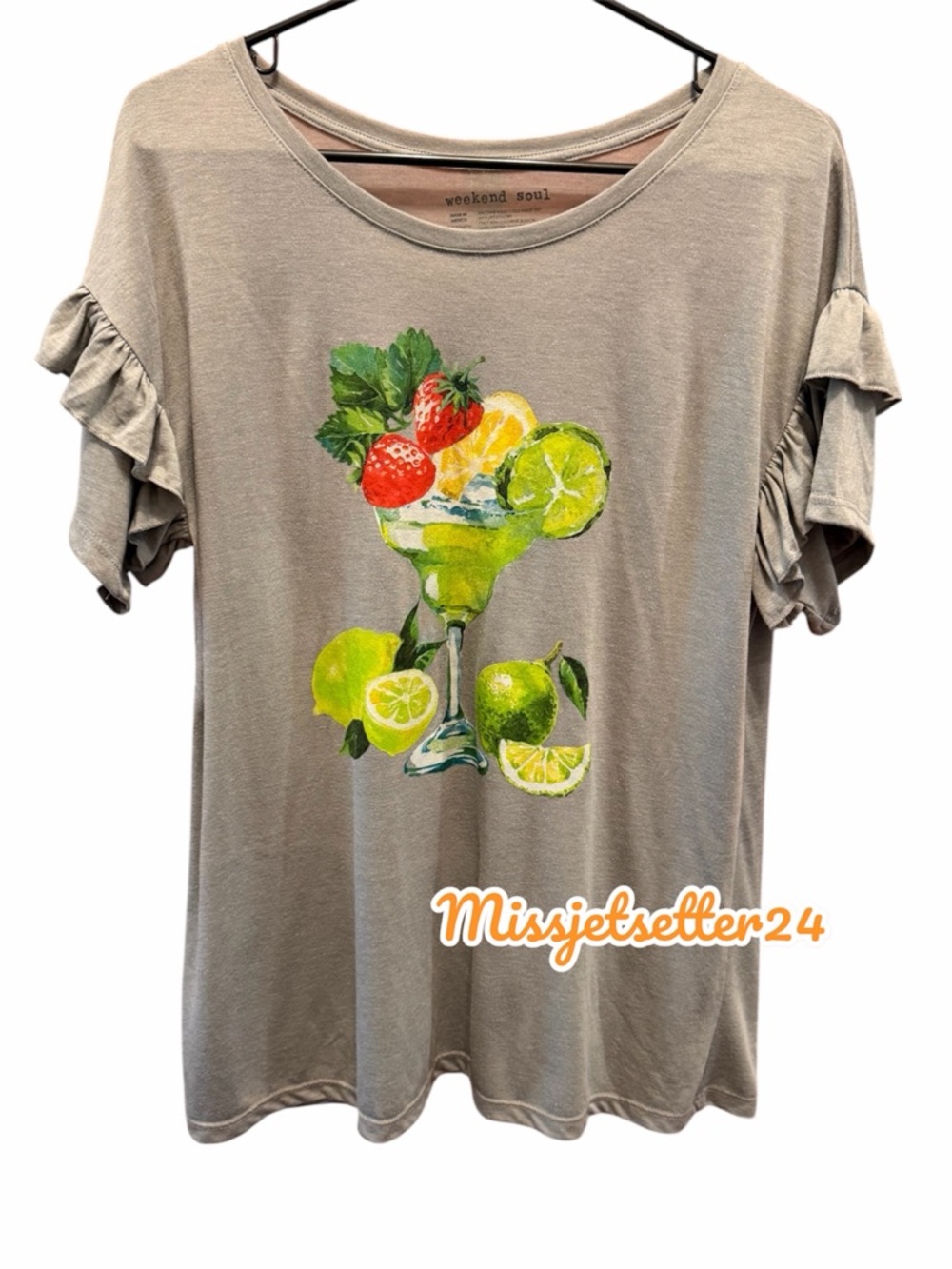 Weekend Soul Gray Margarita Graphic Tee Ruffle Sleeve Top Women’s Size Large